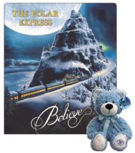 THE POLAR EXPRESS™ BEANIE COMBO$44.99Wrap yourself in the enchantment of THE POLAR EXPRESS™ with our luxurious blanket adorned with the iconic train design, accompanied by a charming blue teddy bear companion.